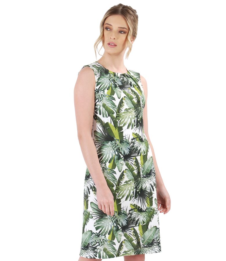 Rochie din jerse imprimat cu motive florale si pliuri pe fata