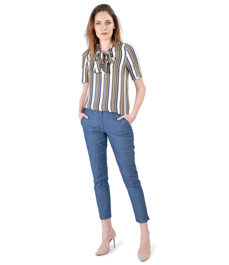 Pantaloni din bumbac tip denim si bluza din viscoza in dungi