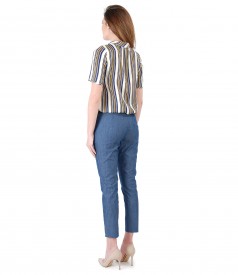 Pantaloni din bumbac tip denim si bluza din viscoza in dungi