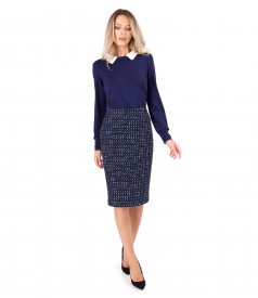 Bluza eleganta cu guler alb si fusta office din bucle multicolor cu lana si viscoza