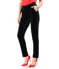 Pantaloni din catifea elastica neagra cu banda elastica in talie